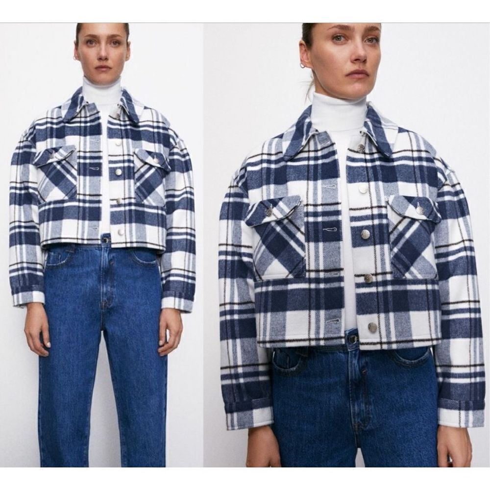 Zara Plaid Blue Flannel Shacket Cropped Button Up Jacket Medium